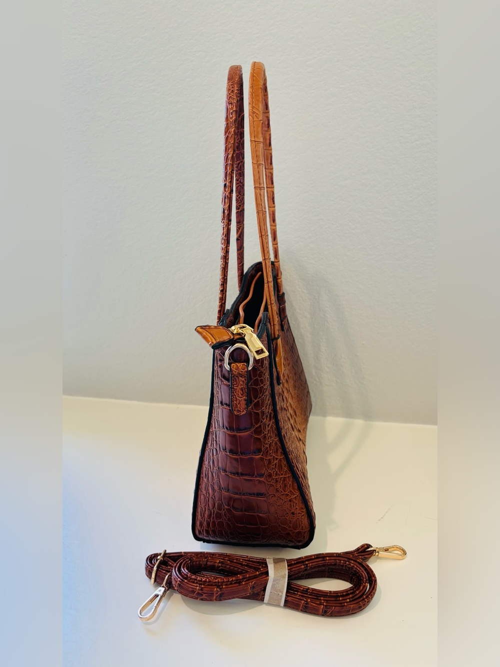 Croc-Embossed Shoulder Tote in Cognac Brown with Gold Accents and strap - Picture 9 of 15